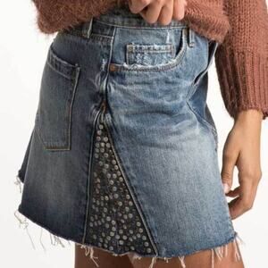 NWT Free People X Blank NYC Studded Mini Denim Skirt Distressed Raw Hem Size 25